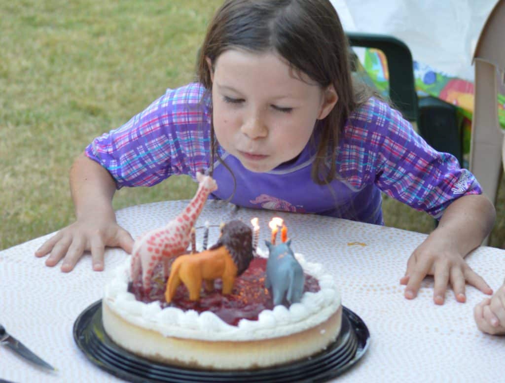 girl blowing out birthday candles on cake. Kid's birthday celebration