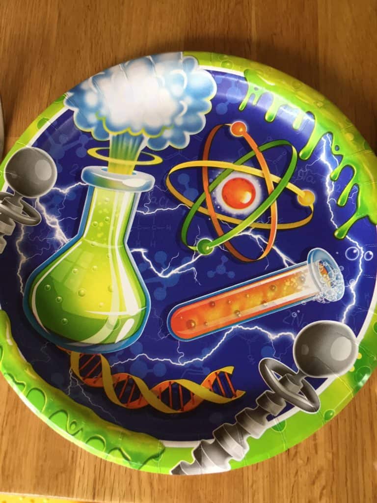 paper plate with scientific equipment graphics perfect for a kid's birthday