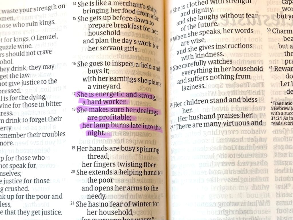 photo of Bible page with Proverbs 31:17,18 highlighted in purple