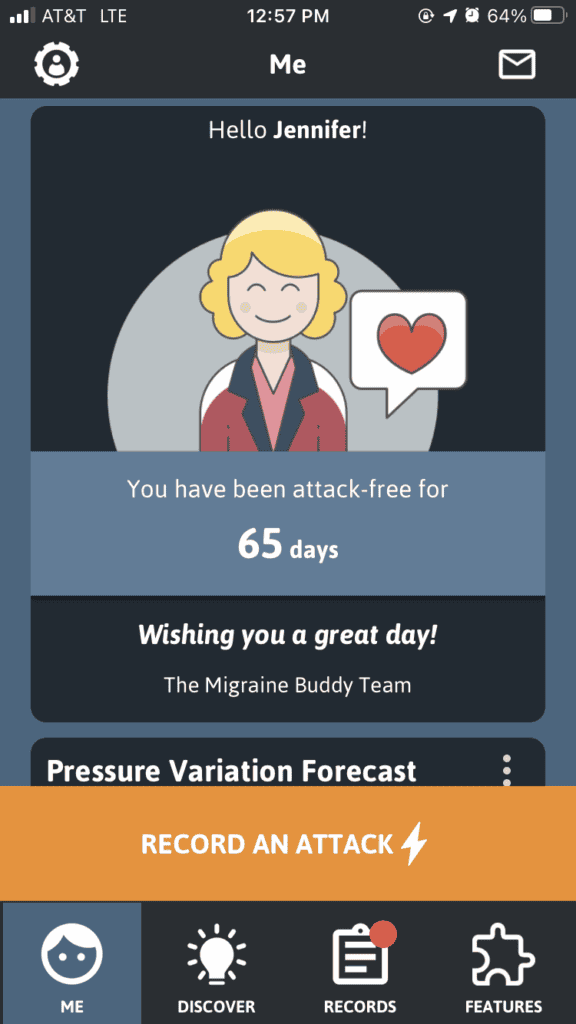 Screenshot of Migraine Buddy app showing 65 days free of migraine attack.