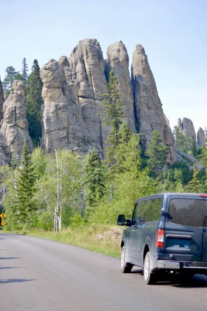 Our van points towards one of the Needles Rock formations.