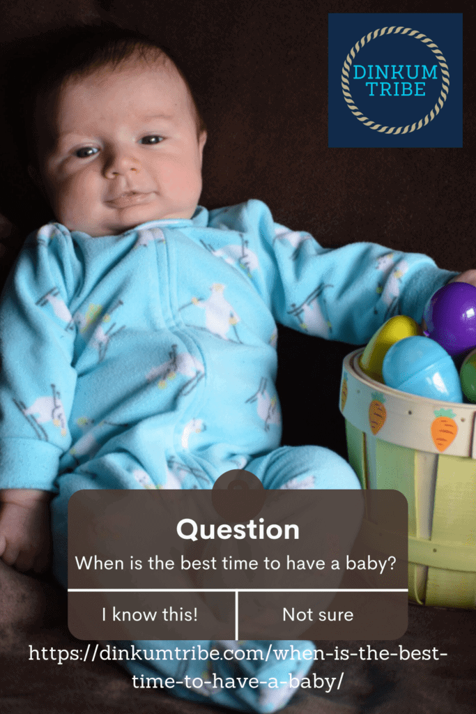 pinnable image of infant with easter basket, DInkum Tribe Logo and URL. Text says: when is the best time to have a baby? I know this! Not Sure.