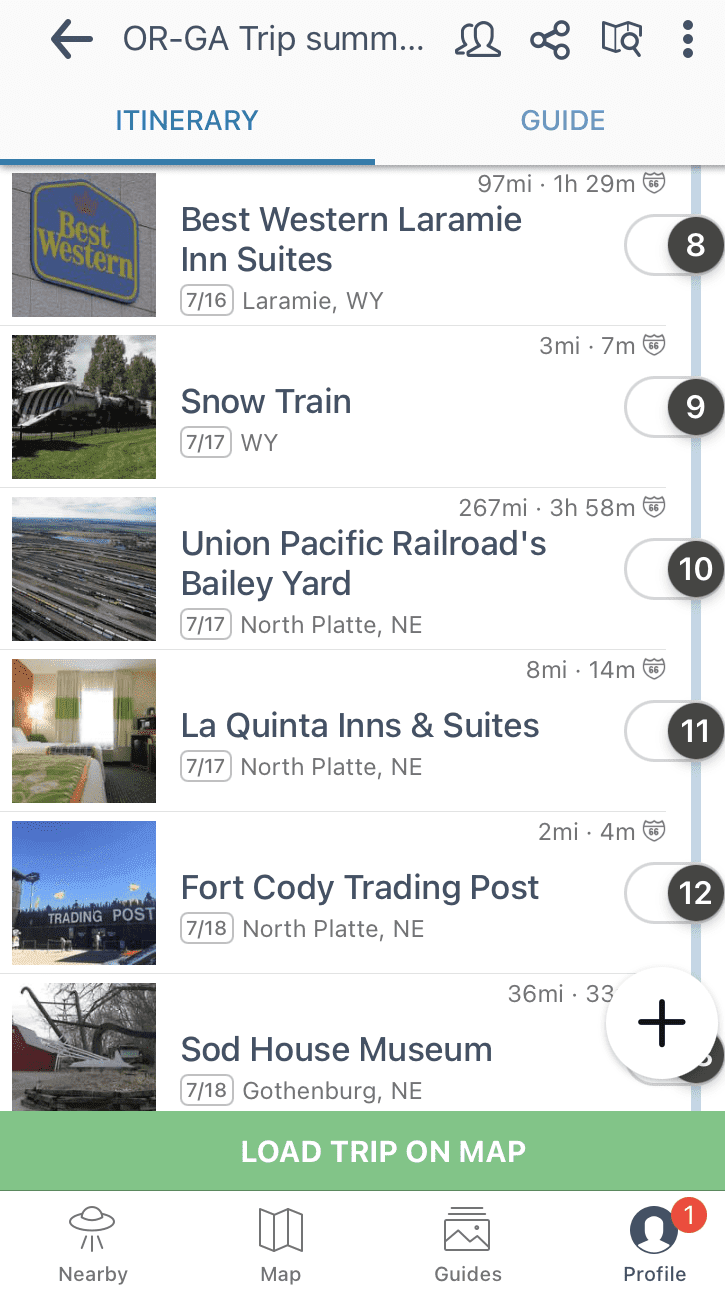 Screenshot from Oregon to Georgia summer trip as seen in the Roadtrippers app