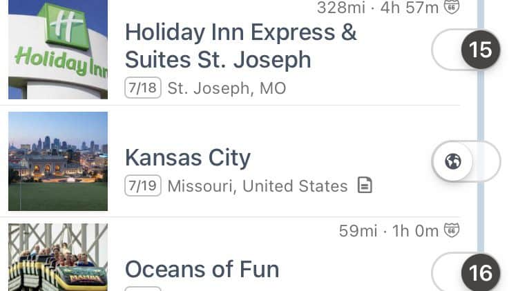 Screenshot close up of stops in Missouri on the Roadtrippers app