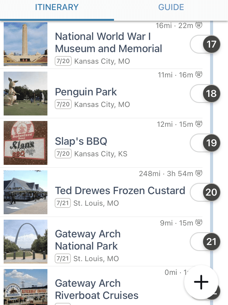 Screenshot of destinations on the Roadtrippers app