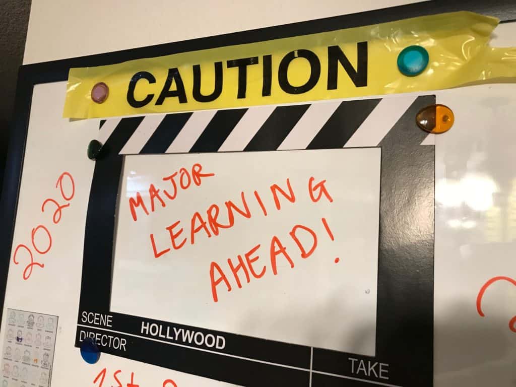 whiteboard sign says "caution, major learning ahead". Back to School Homeschool Ideas.