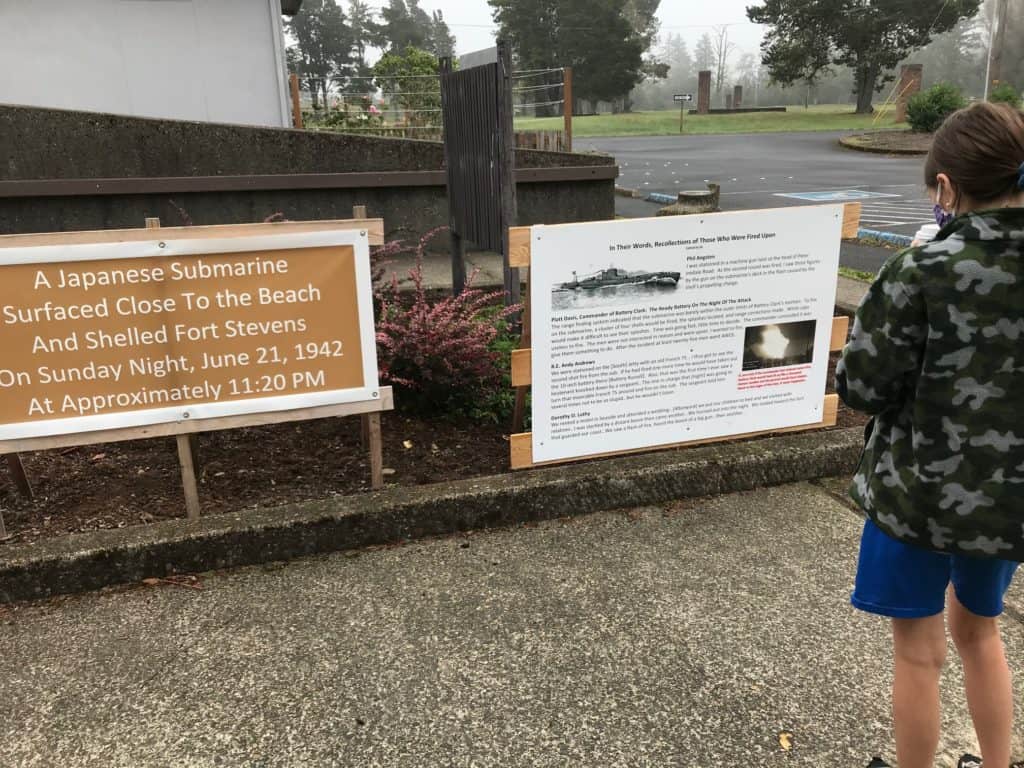 Signs describing the Japanese Submarine attack at Fort Stevens during WW2.