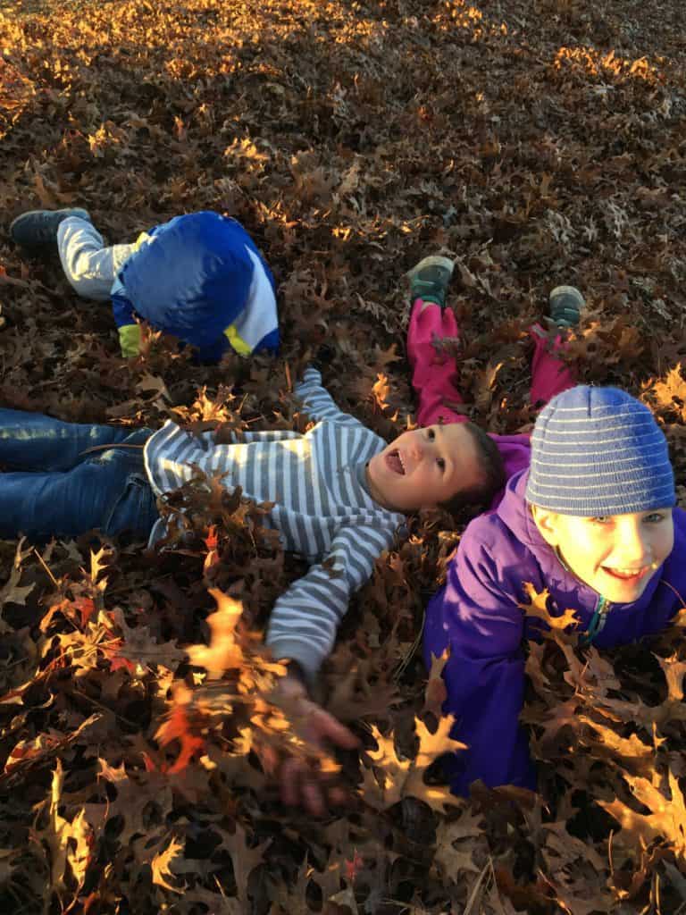Kids playing in the fall leaves