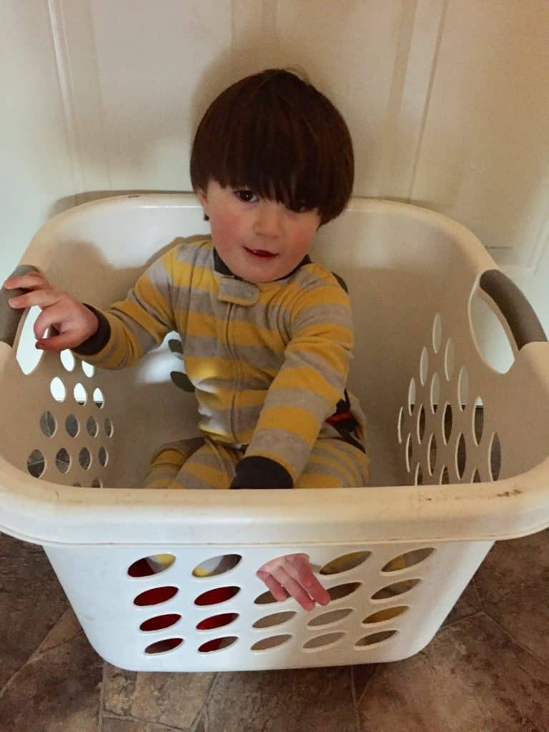 Toddler in laundry basket