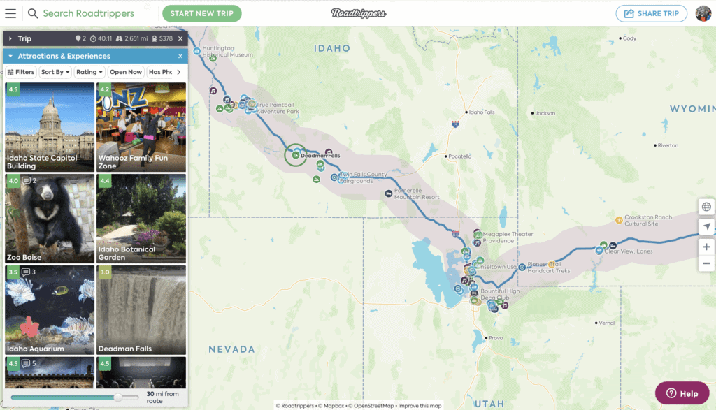 Screenshot of map from app showing route through Idaho and Utah