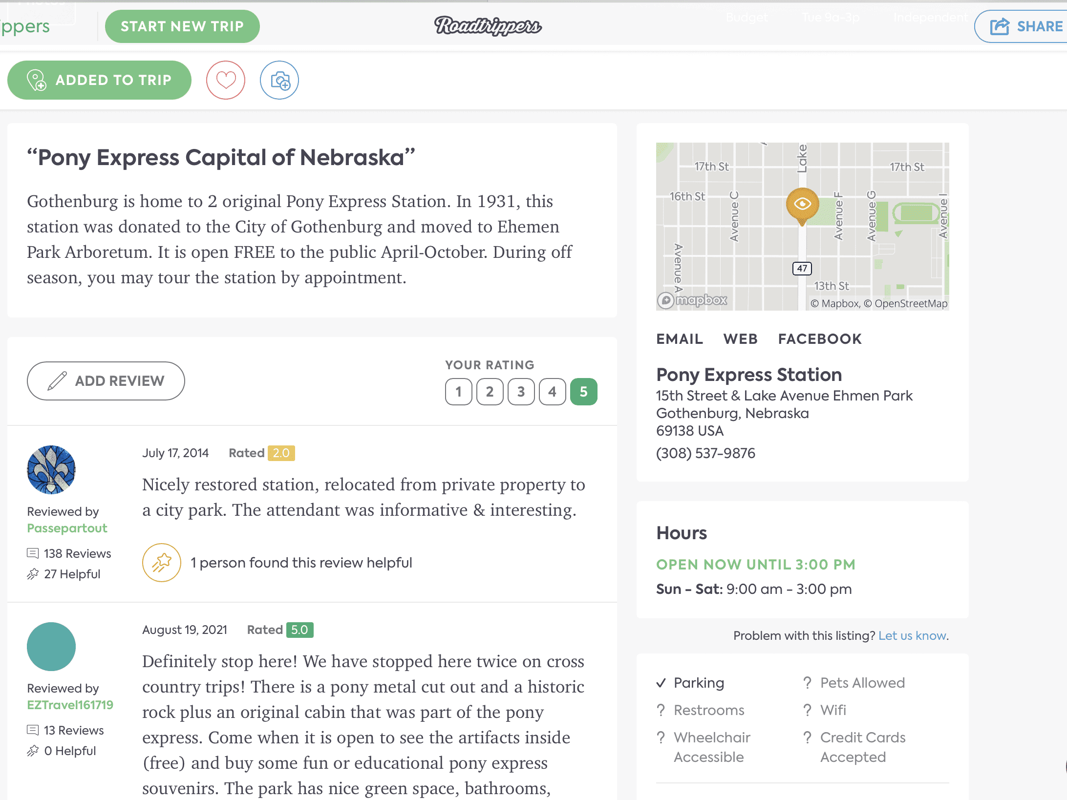 Screenshot of Pony Express reviews in the Roadtrippers app