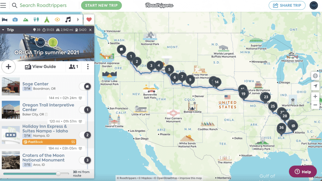 Screenshot of route from Oregon to Alabama in the Roadtrippers app