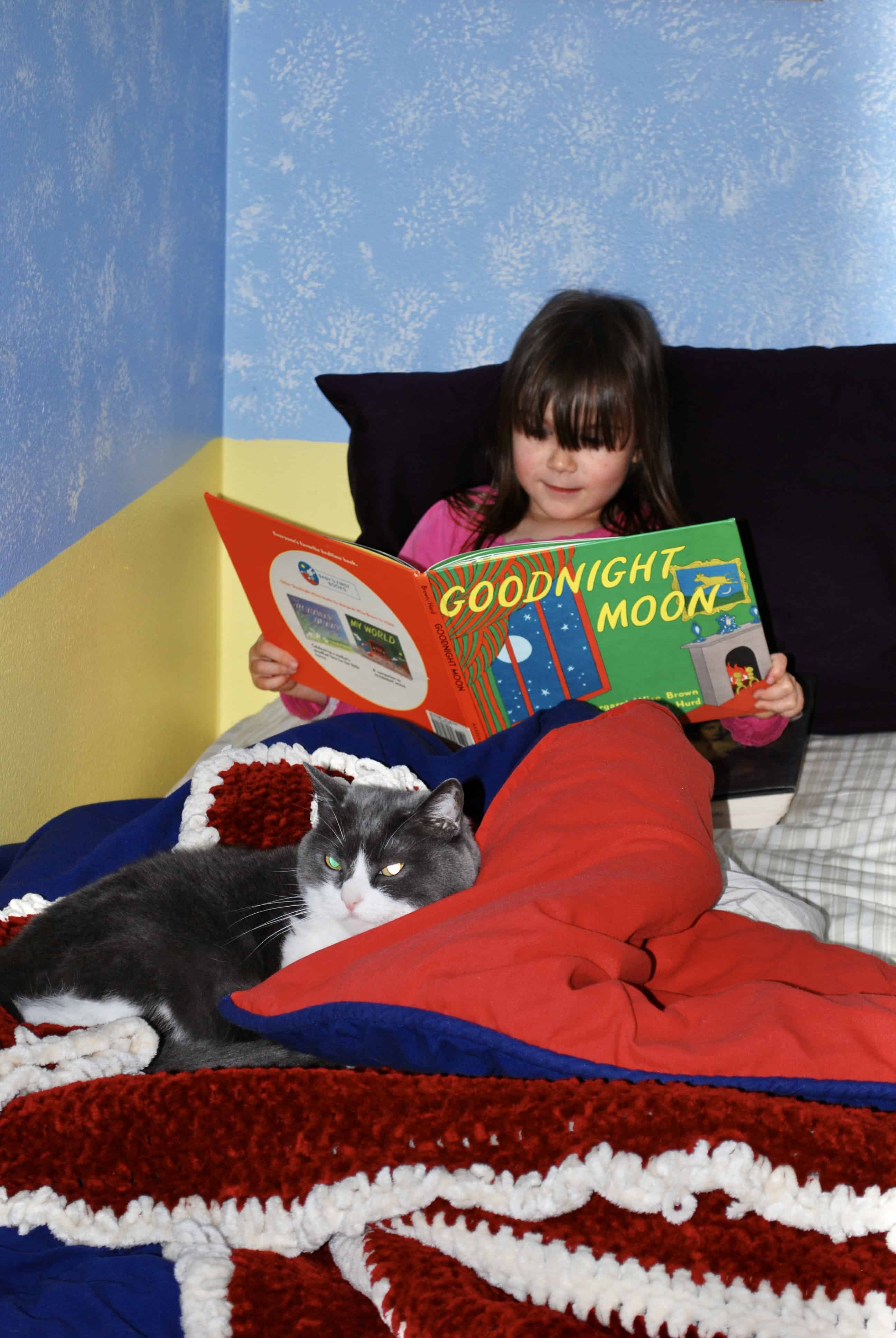 child reading in bed with cat