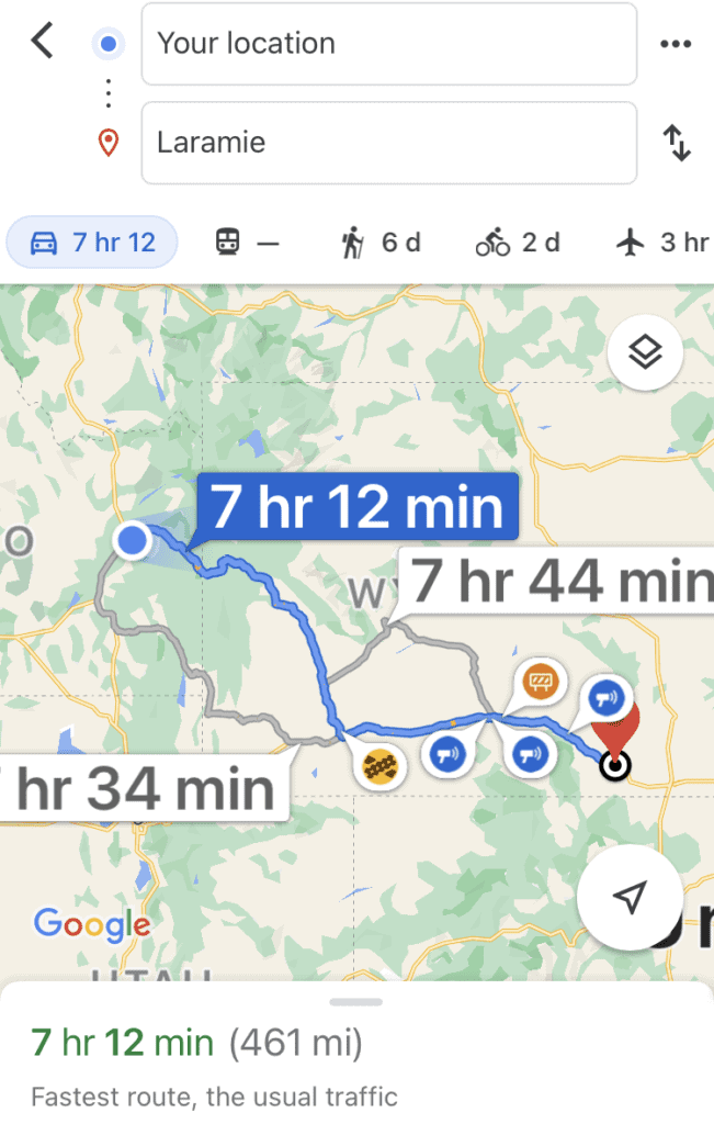 Google maps image of road to Laramie