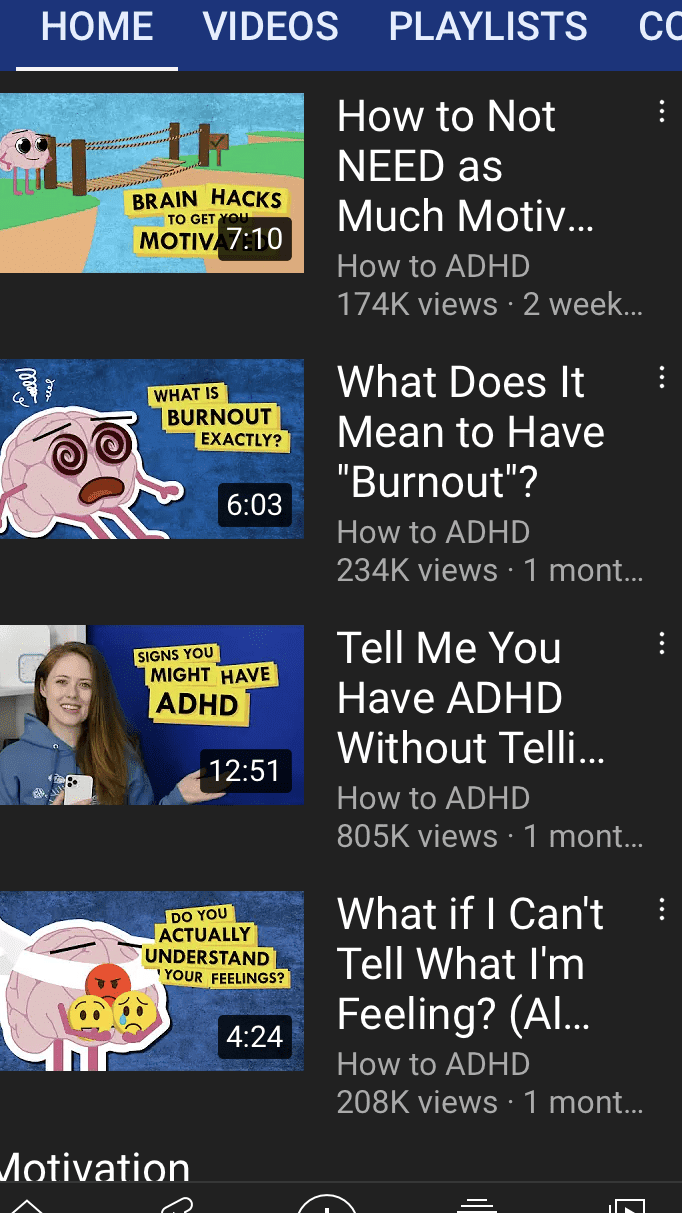 Screenshot of How to ADHD YouTube channel video playlist