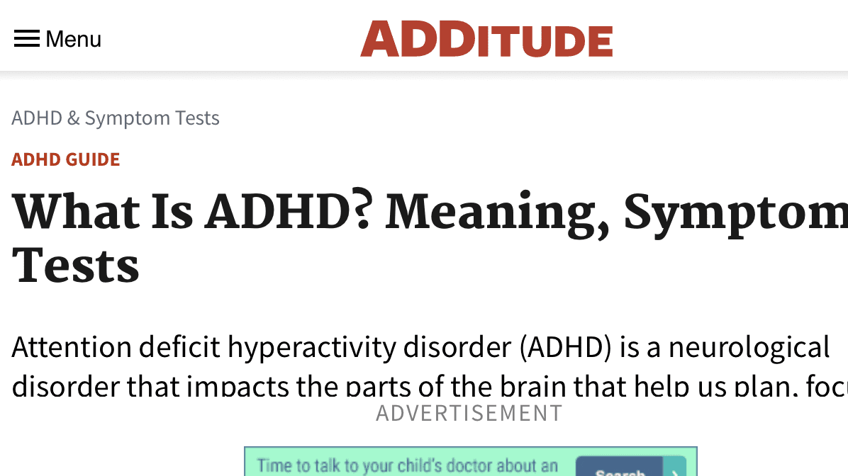 Screenshot of ADDitude magazine article titles: what is ADHD?