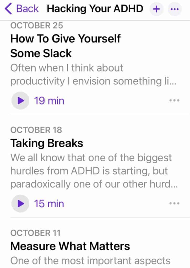 screenshot of Hacking your ADHD podcasts list