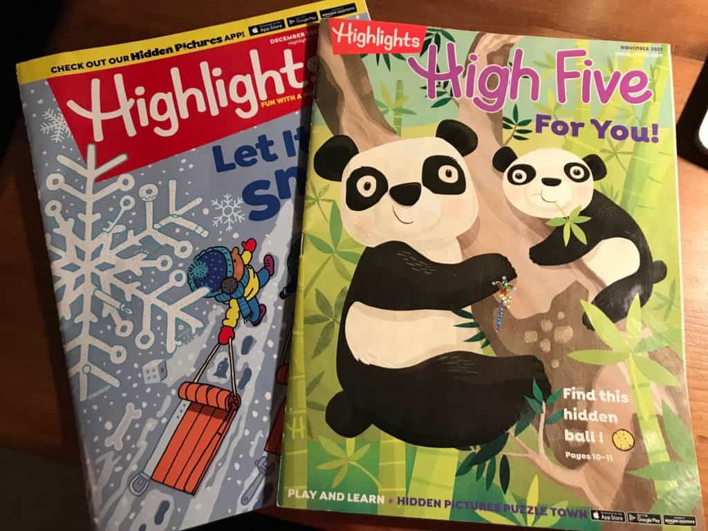 Highlights and High Five magazines. Subscriptions are great ideas for gifts for kids.