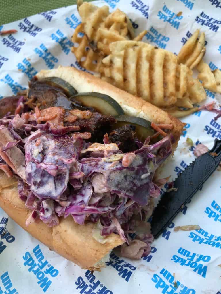 Barbecue sandwich with waffle fries at Oceans of Fun.