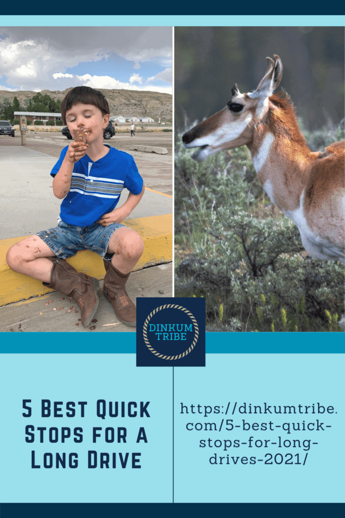 pinnable image of boy eating ice cream and pronghorn antelope. text says 5 best quick stops for a long drive. URL and Dinkum Tribe logo.