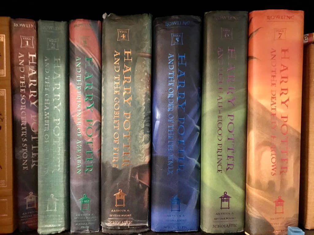 Harry Potter books series hardcover versions on shelf