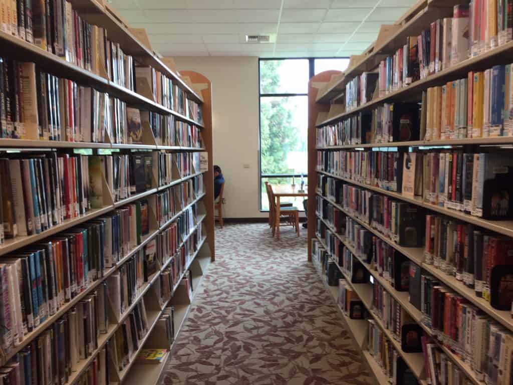 library of fiction books with window