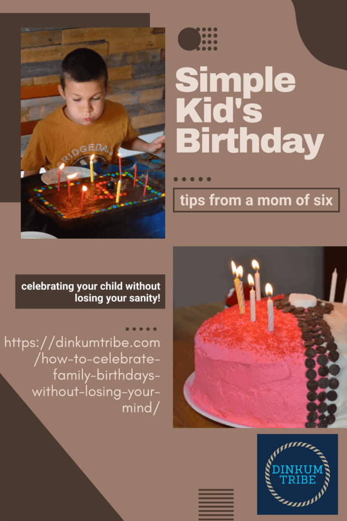 Pinnable image of boy with birthday cake and URL and Dinkum Tribe logo. Text says Simple kids birthday.