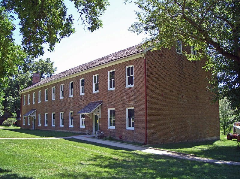 The long brick building that served as the Shawnee Indian Mission. 
