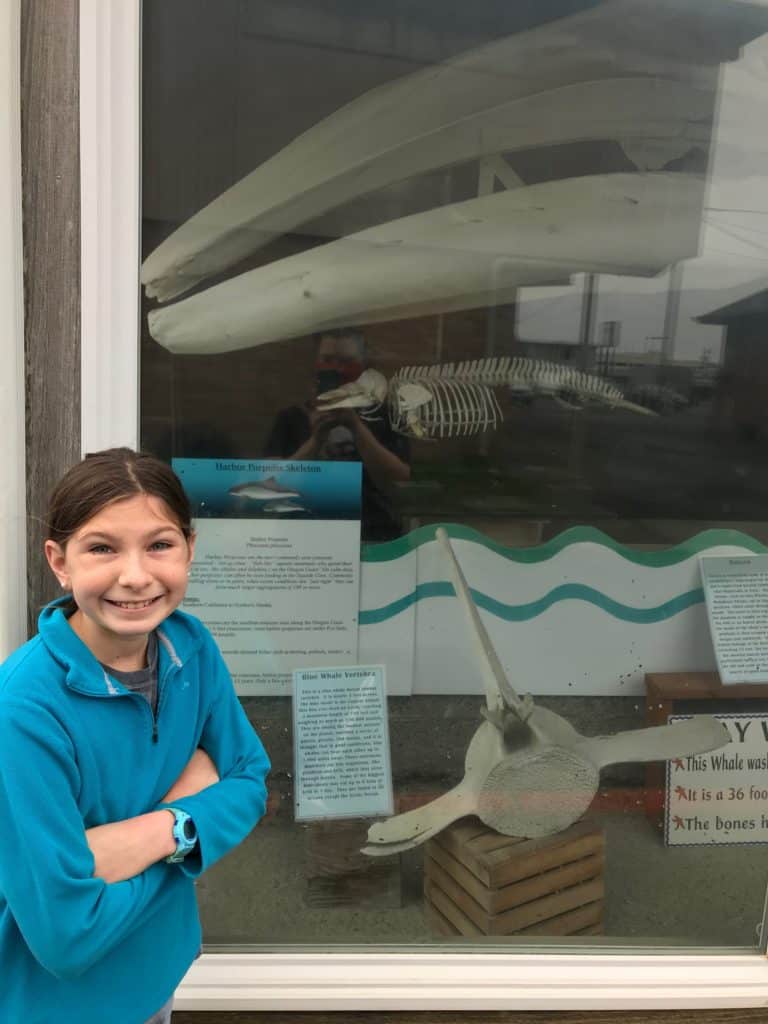 Girl in front of window with whale skeleton. The Seaside Aquarium is one of the best things to do with kids in Seaside, Oregon.