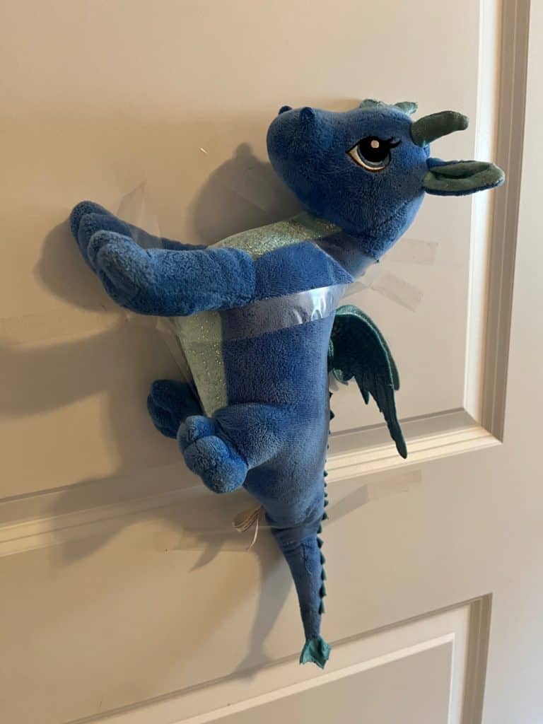 stuffed animal tapes to door. Stuffie Rescue is a favorite easy activity to do with kids.