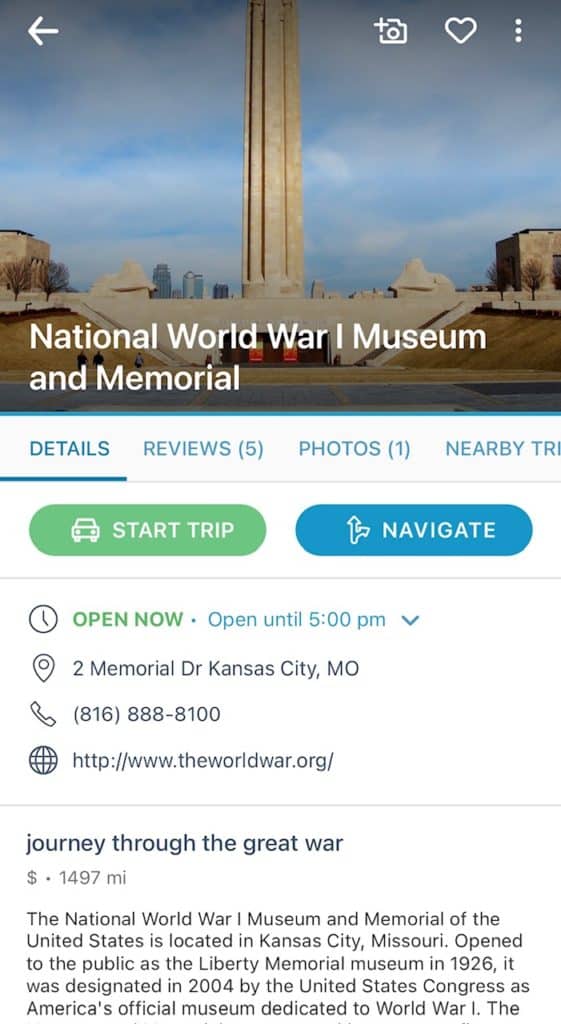 Screenshot of Roadtrippers app info entry on National World War 1 Museum in Kansas City.