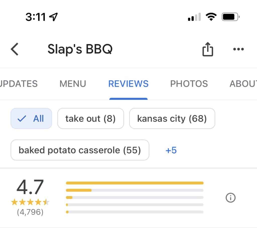 Screenshot of Google reviews page for Slap's BBQ in Kansas City, KS.