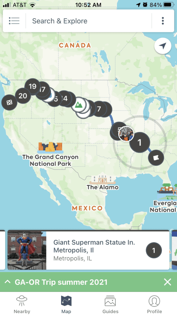 Roadtrippers app route screenshot. Aside from excellent road trip packing lists, the Roadtrippers app is the best tool for planning an amazing trip.