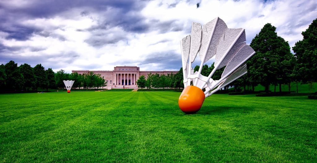 Enormous badminton birdies decorate a lawn of the Nelson-Atkins Museum of Art.