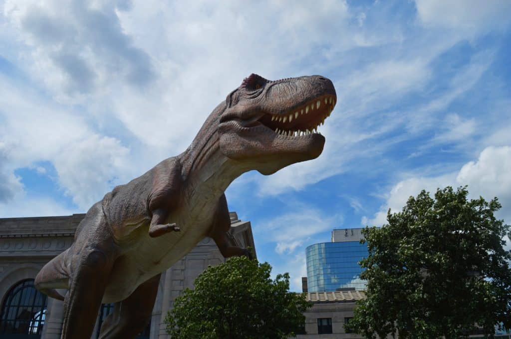 T Rex model in front of Union Station in Kansas City, MO.