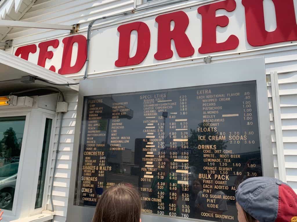 Ted Drewes frozen custard menu of shakes, malts and concretes.