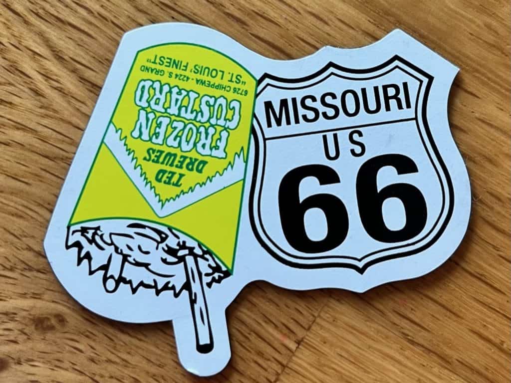 Ted Drewes magnet showing a frozen custard concrete, served upside down, and the Route 66 Missouri sign.