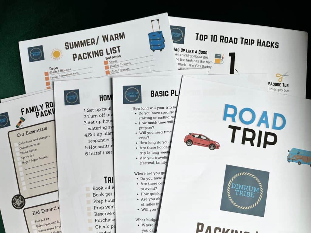 Road Trip Packing List Printable Set spread out to show the different kinds of checklists included.