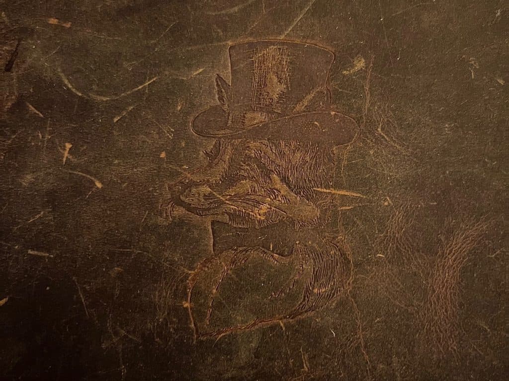 Embossed leather cover of menu at the Noble Fox restaurant.