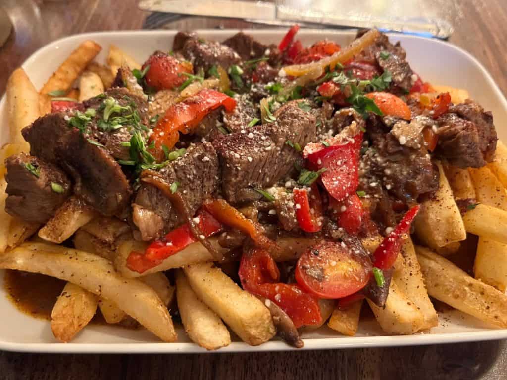 Steak bites with fries entree at the Noble Fox restaurant in Silverton, Oregon