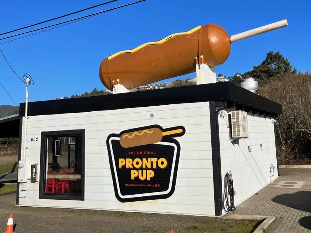 The Original Pronto Pup Fast food stop with giant corn dog on top at Rockaway Beach, Oregon