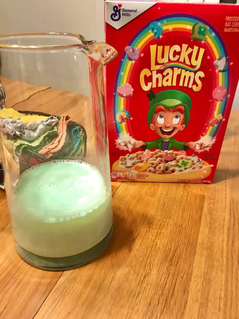 Green milk and Lucky Charms Cereal for St. Patrick's Day.