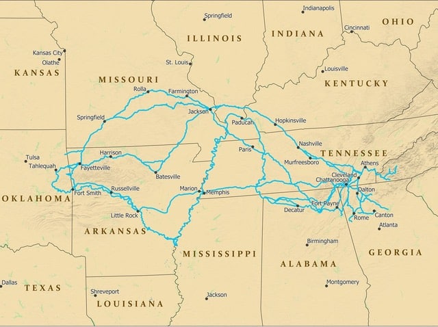 A maze of trails run riot over Northern Georgia, Northern Alabama, Tennessee, Arkansas and Missouri. The Trail of Tears National Historic Trail is actually several different trails and trail segments that end in Oklahoma.