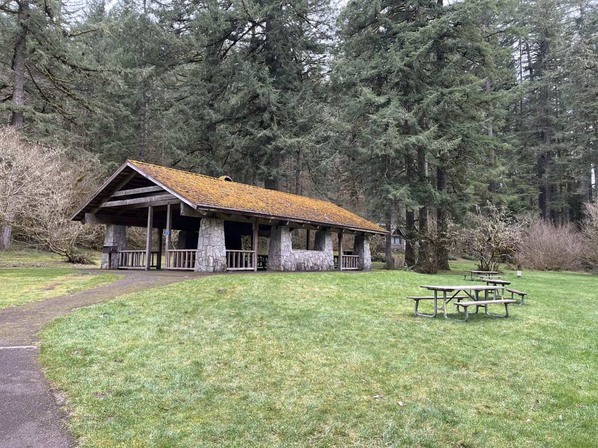 A picnic pavilion welcomes groups at the South Falls Day-use Area at Silver Falls State Park