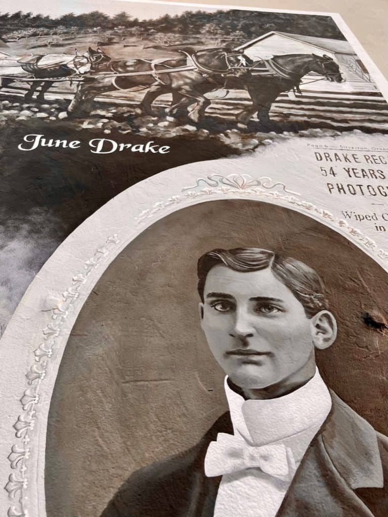 Mural of June Drake, the Silverton photographer responsible for lobbying to protect Silver Falls.