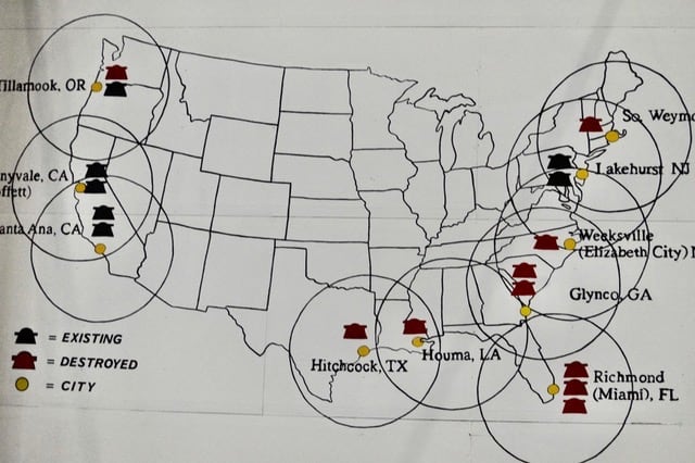 Map showing locations of Navy Blimp hangars in the US.