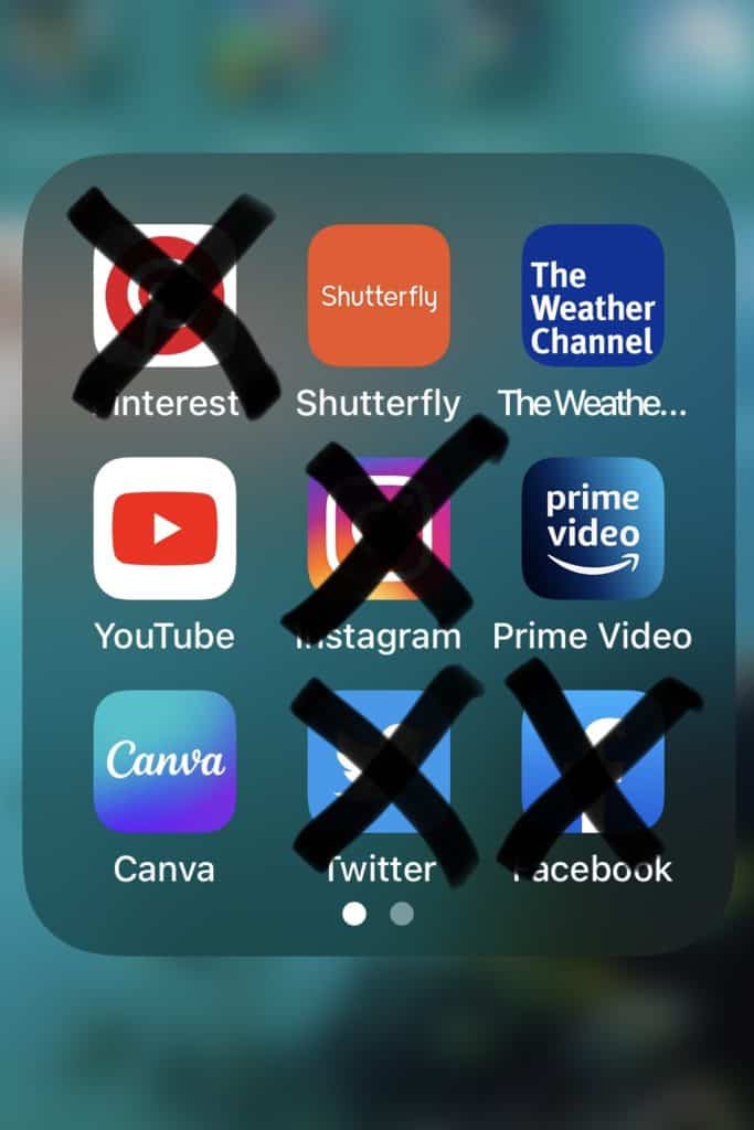 Social media icons crossed out. Limiting social media is one of several good self care ideas for anxiety.