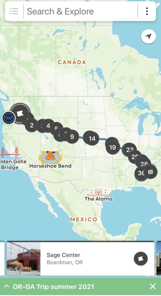 Roadtrippers map showing trip out from Oregon to Georgia.