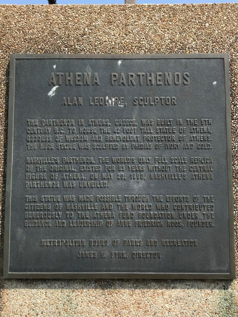 Placard describing the creation of the Nashville Athena Parthenon statue.