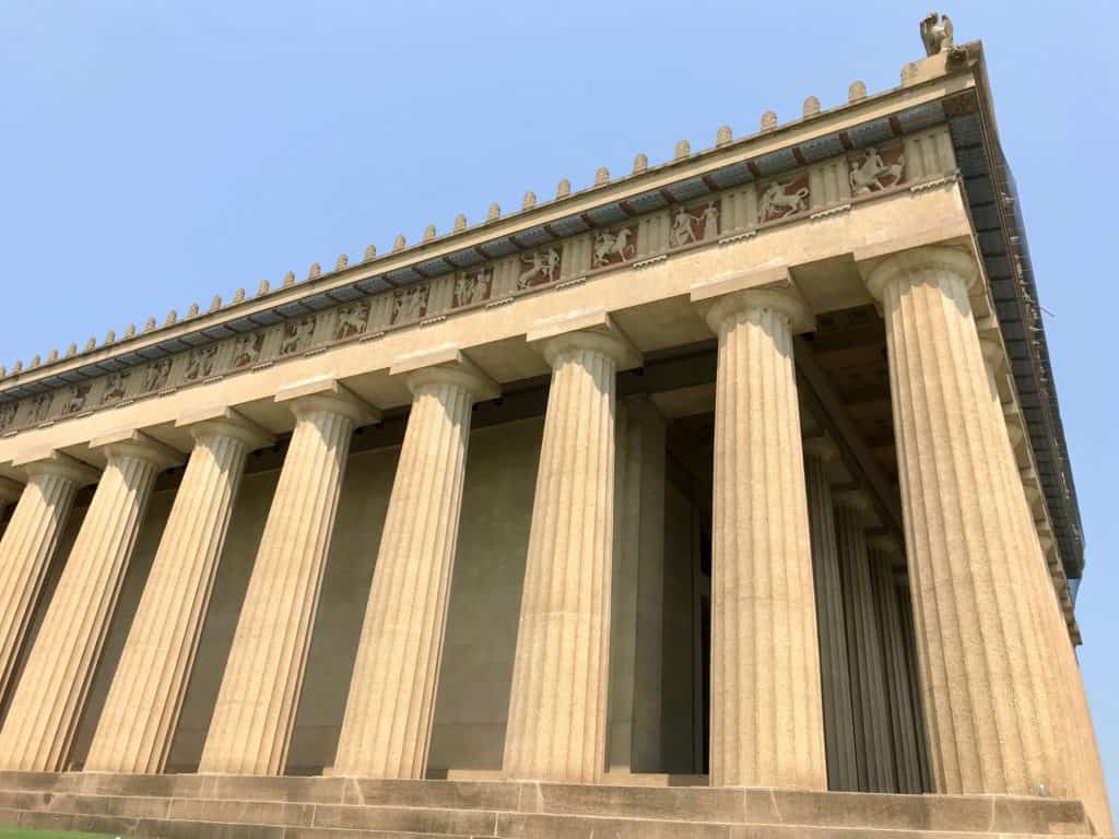 The Nashville Parthenon as seen from the stairs below.